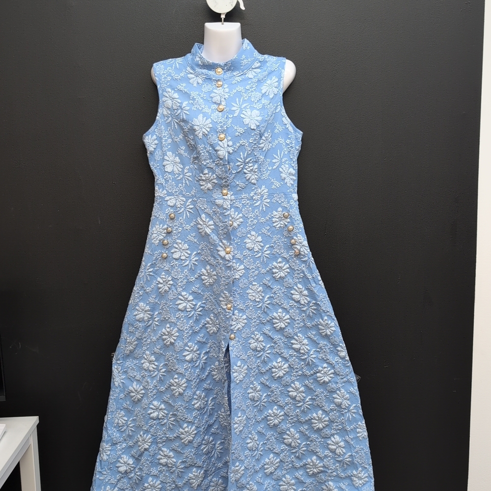 Shein Elenzga Printed Stand Collar Front Button Women's Dress Size Large Blue